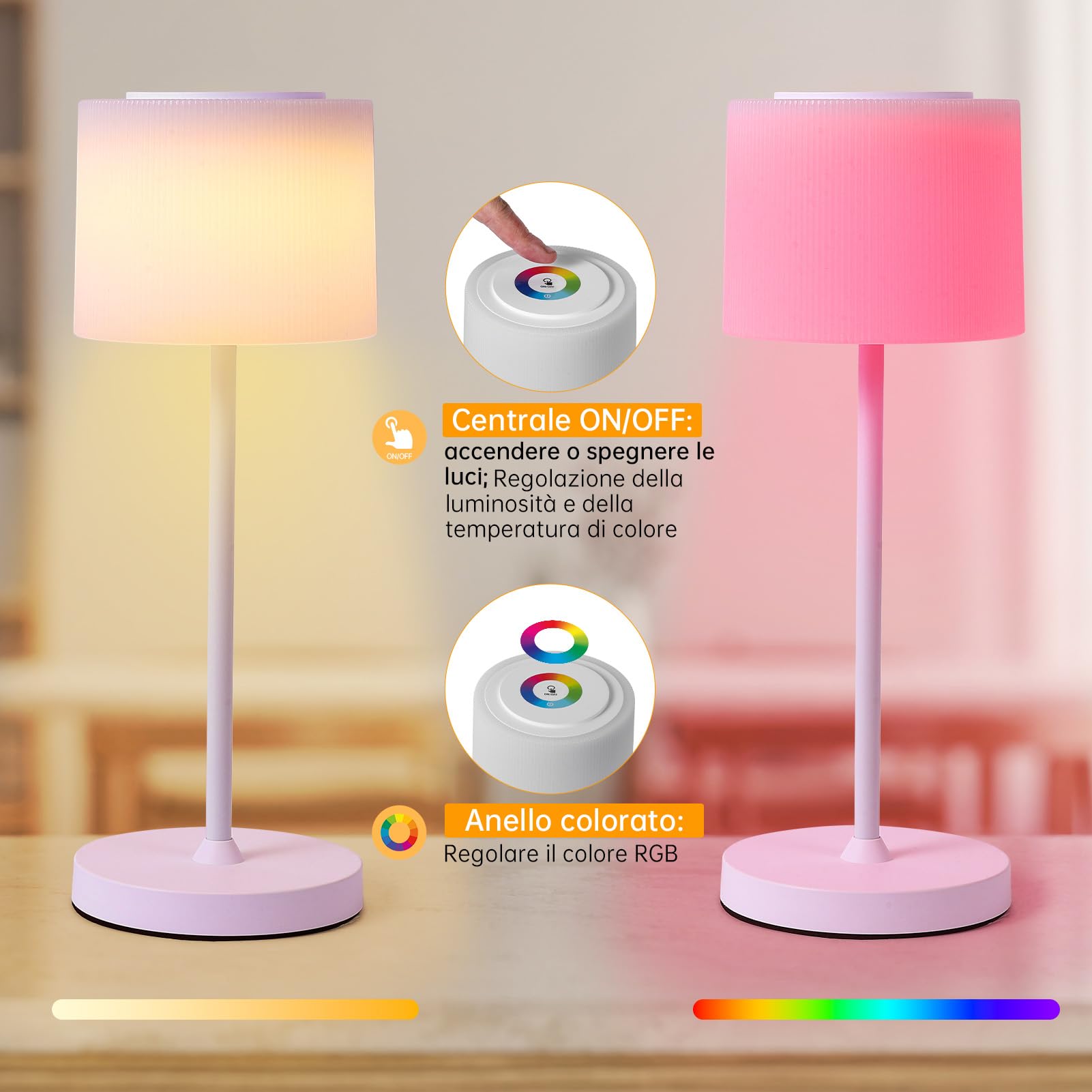 WOWDSGN Lampada da Tavolo con Base di Ricarica a Contatto - Lampada da Scrivania senza Fili Ricaricabile - 3000K/4000K/5000K/RGB - 4000mAh - Interni/Esterni
