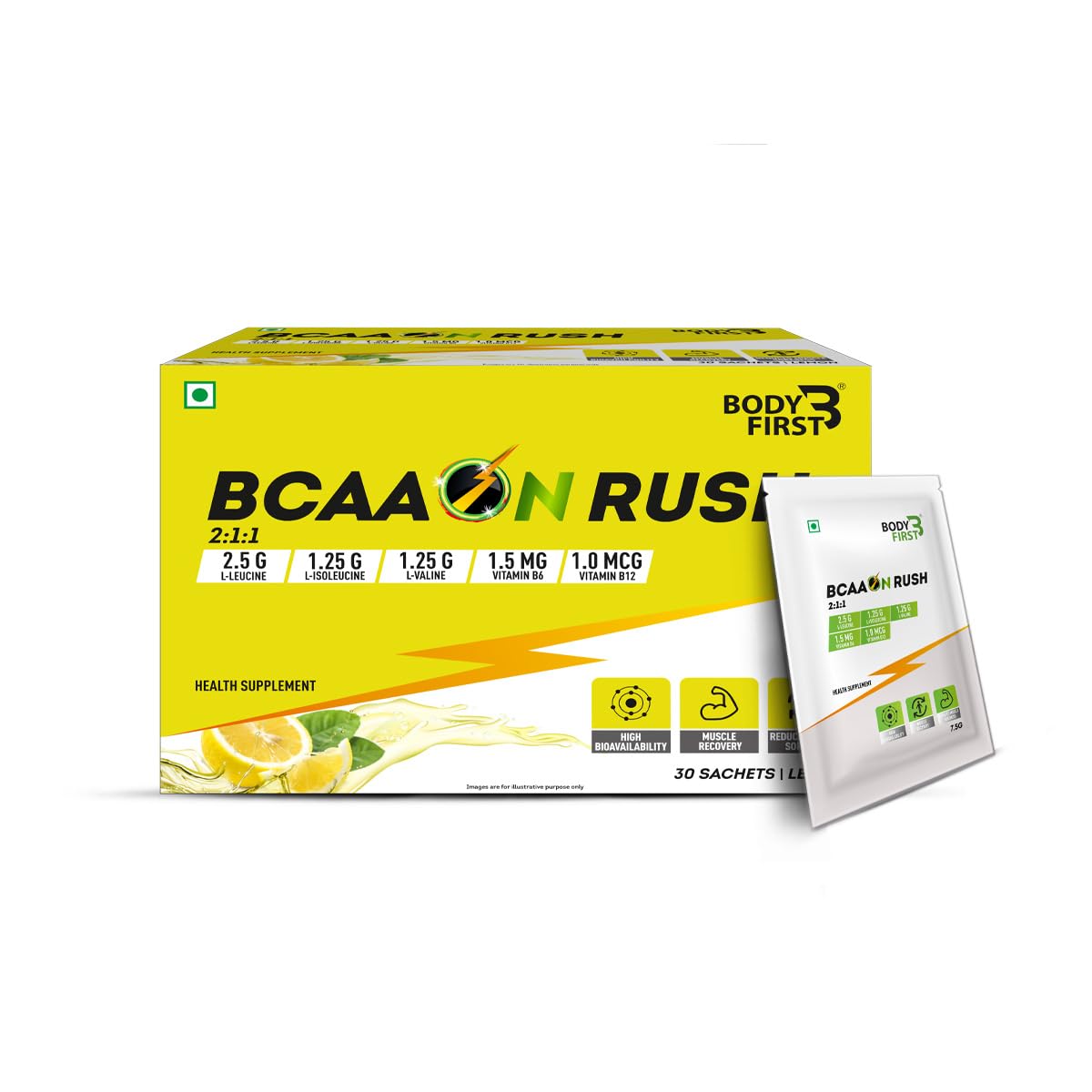 BodyFirst BCAA ON RUSH with 2:1:1, L-Leucine, L-Isoleucine & L-Valine - Pre/Post & Intra Workout Supplement For Recovery & Performance Boost (Lemon, 30)
