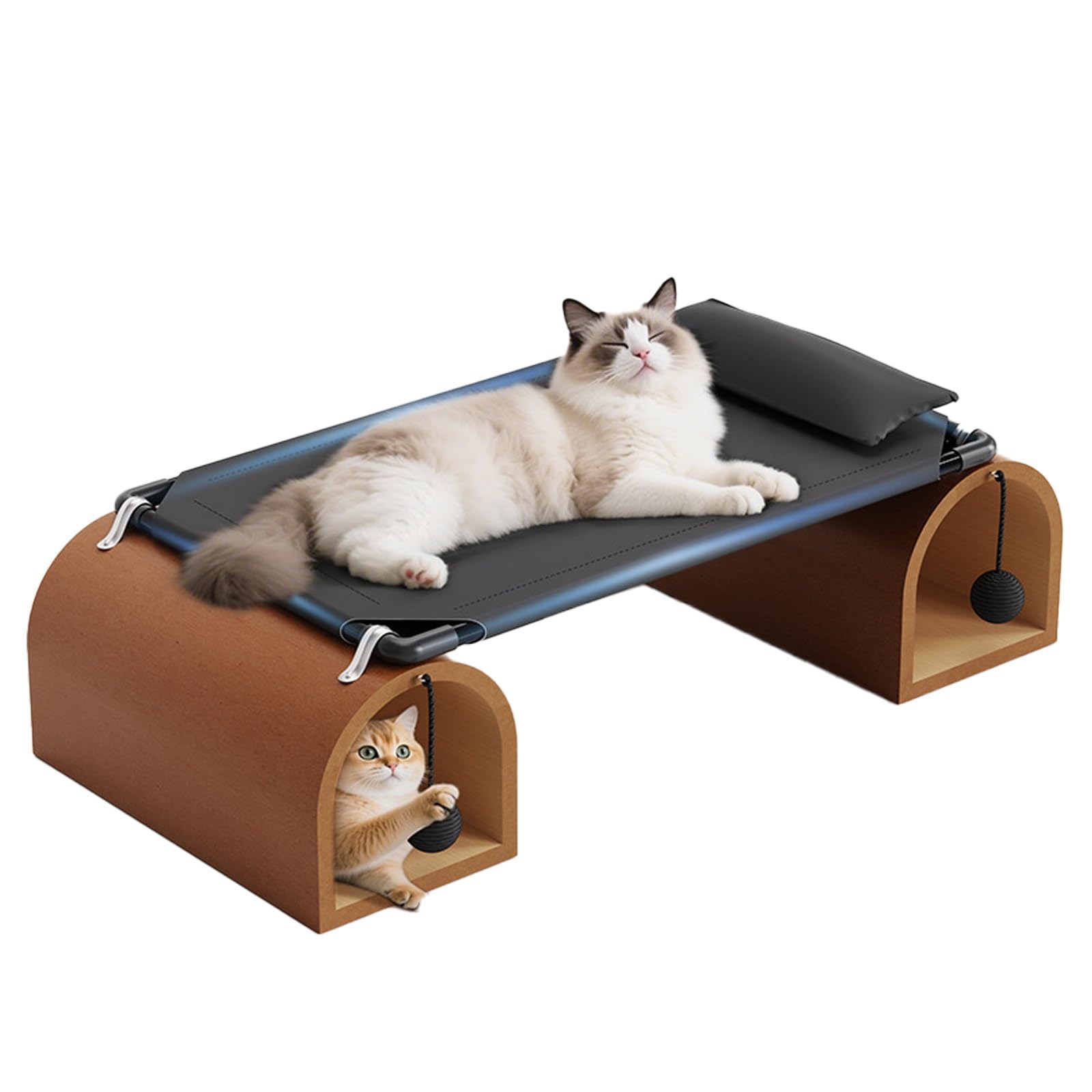 Cama túnel para gatos con túneles dobles y juguete colgante: cueva con estructura de madera y hamaca de tela Soft Tech, escondite elevado para gatos de interior con almohada, resistente a arañazos y a