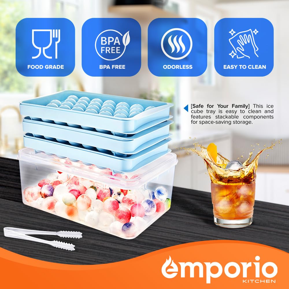 Emporio Kitchen Bandeja redonda para cubitos de hielo con tapa y cubo - Crea 99 bolas de hielo (tamaño de 1.1 pulgadas), bandejas apilables para cubitos de hielo, bolas de hielo de fácil liberación