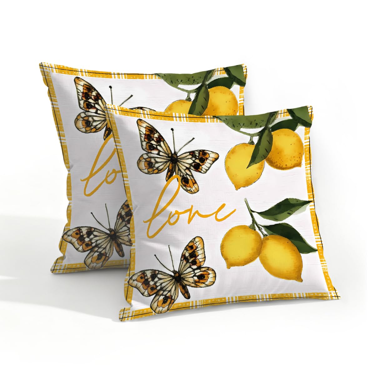 Outdoor Pillow Covers Waterproof Pillowcases 18x18in Set of 2 Yellow Lemons Butterfly Decorative Throw Cushion Case for Couch Sofa Garden Patio Furniture