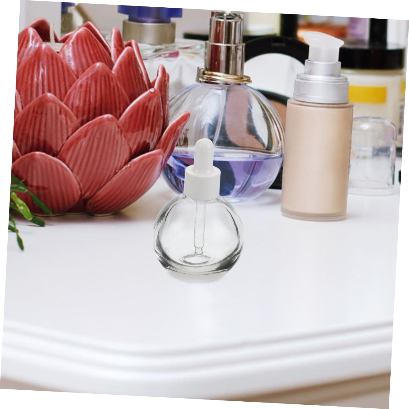 WOONEKY 12 Stück Wiederbefüllbare Tropfflaschen aus Glas 30ml Kugelförmige Flaschen mit Ergonomischem Design für Ätherische Öle und Gesichtsserum für Reisen und Kleine Unternehmen