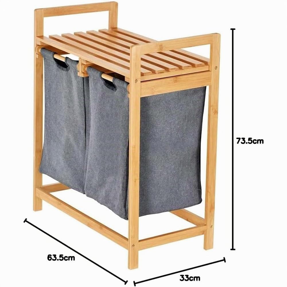 Bakaji Cesto Biancheria Sporca in Bambu Doppia Cesta in Tessuto Grigio, Portabiancheria da Casa, Bagno Con 2 Scomparti, Contenitore Salvaspazio Antiodore (74 x 64 x 33 cm)