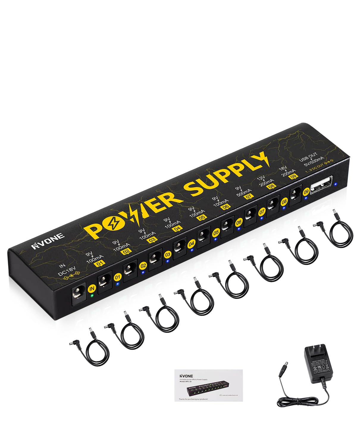 RVONE Zasilacz do pedałów gitarowych z 10 izolowanymi wyjściami DC i USB, ochroną przed zwarciem, redukcja szumów, stabilne zasilanie 9 V/12 V/18 V do pedałów efektów (Lightning Yellow)