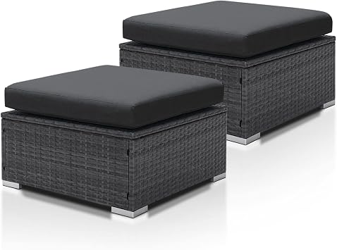 NICESOUL Modern Luxury All-Weather Outdoor Wicker Ottoman Set of 2, 500 Lbs Alloy Steel Frame Footrest, Comfortable Wide Deep Seat 2-Piece Rattan Foot Stool with Padded Cushion for Patio, Dark Gray