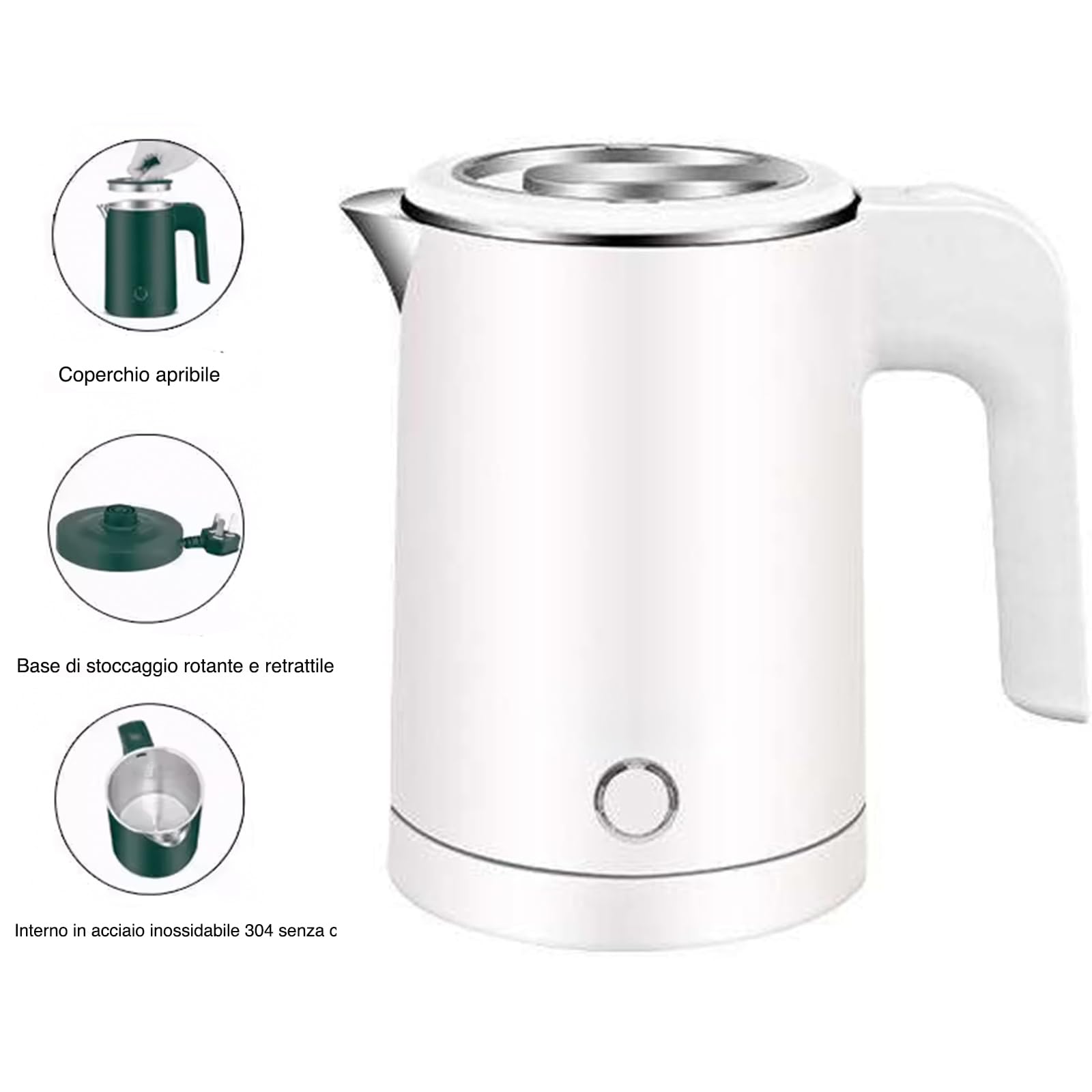 VOLTIX Bollitore Elettrico in Acciaio Inossidabile 0,5L, 600W, bollitore portatile – bollitore elettrico piccolo Ideale per Casa, Ufficio e Viaggi, Senza BPA (Bianco)
