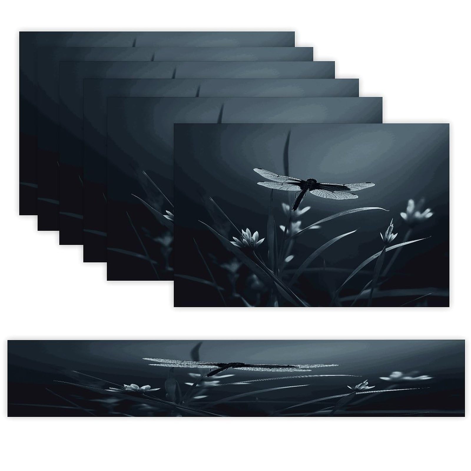 Dragonfly Silhouette Table Runner and Placemats Set of 6 for Kitchen Washable Table Mats Heat Resistant Place Mats Non-Slip Place Mat Wipeable Placemat(6 Placemats+1 Table Runner)