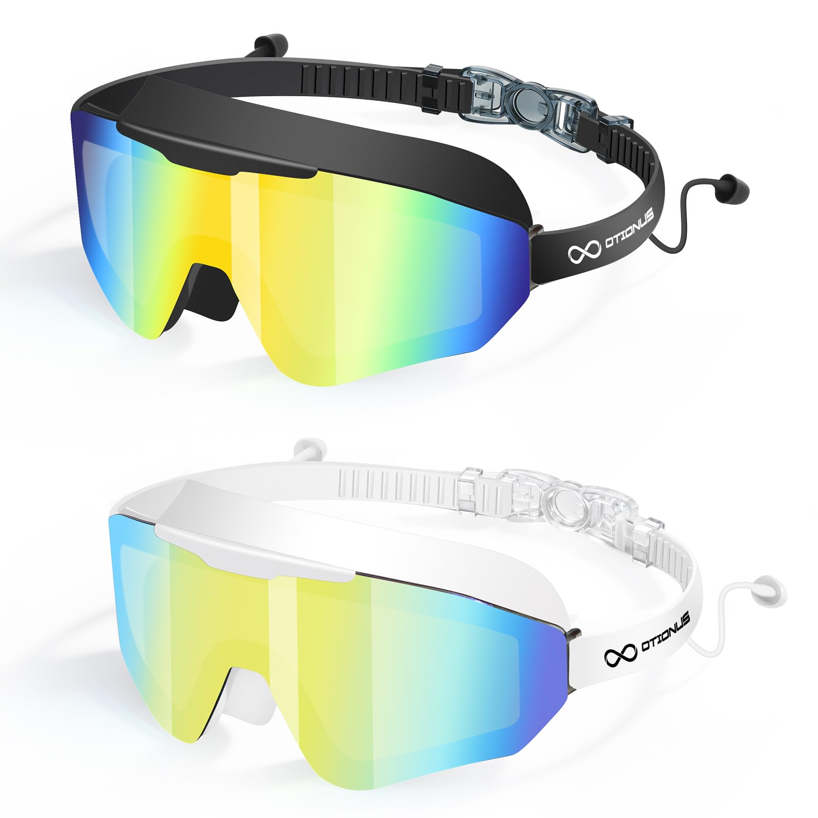 Otionus 2 Pack Swim Goggles Adult, Frameless Wide View Swimming Goggles for Men Women, Anti-Fog UV Protection No Leak Pool Goggles with Attached Earplugs