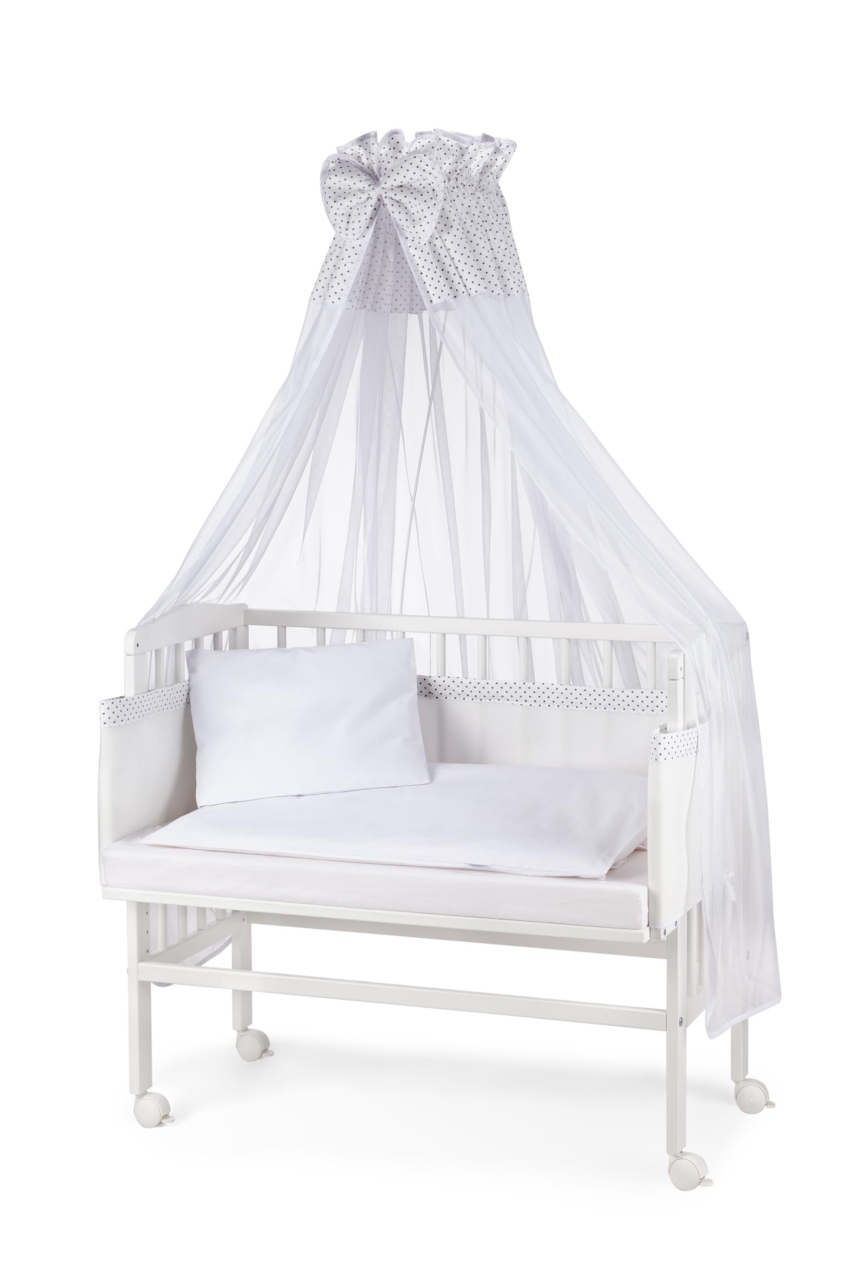 waldin Baby Beistellbett mit Matratze und Stoffen, Höhen-verstellbar, Große Liegefläche 90x55cm, Weiß Lackiert, Weiß/Punkt Grau