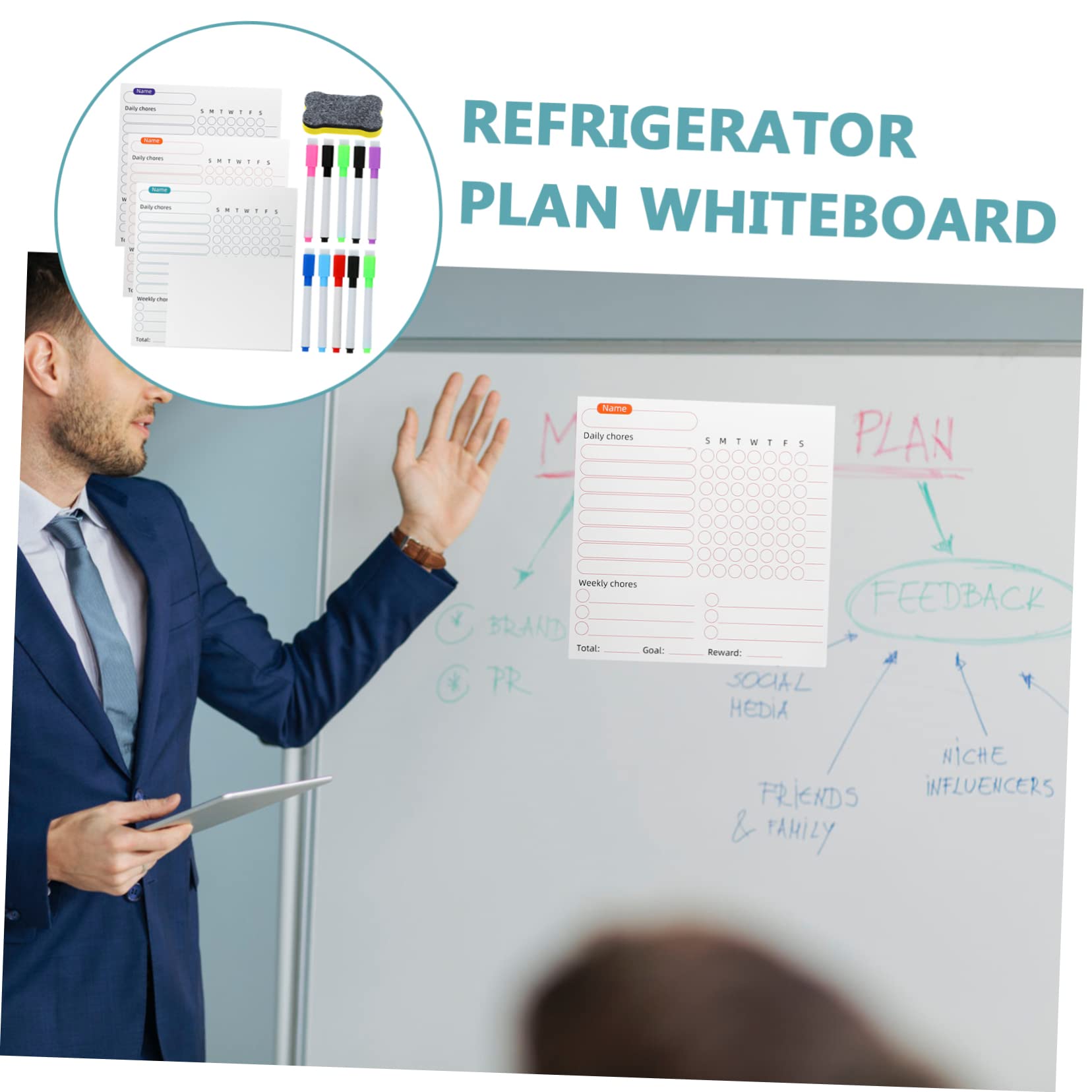Tofficu 3 Set Programma di attrazione magnetica pennarelli cancellabili a secco Expo calendario cancellabile a secco settimanale asta clipboard lavagnette cancellabili bacheca domestica