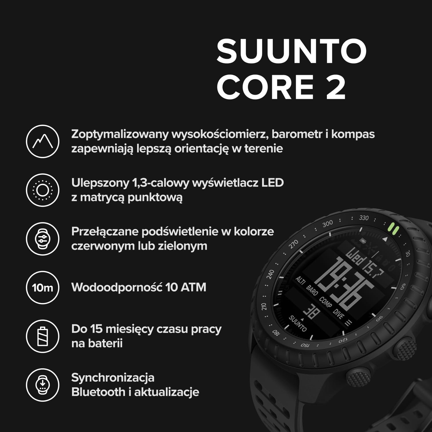 SUUNTO Core 2 Zegarek outdoor, czas pracy baterii 15 miesięcy | Wysokościomierz, barometr, kompas, alarm burzowy, czerwone/zielone podświetlenie, monitorowanie kroków, kolor Black