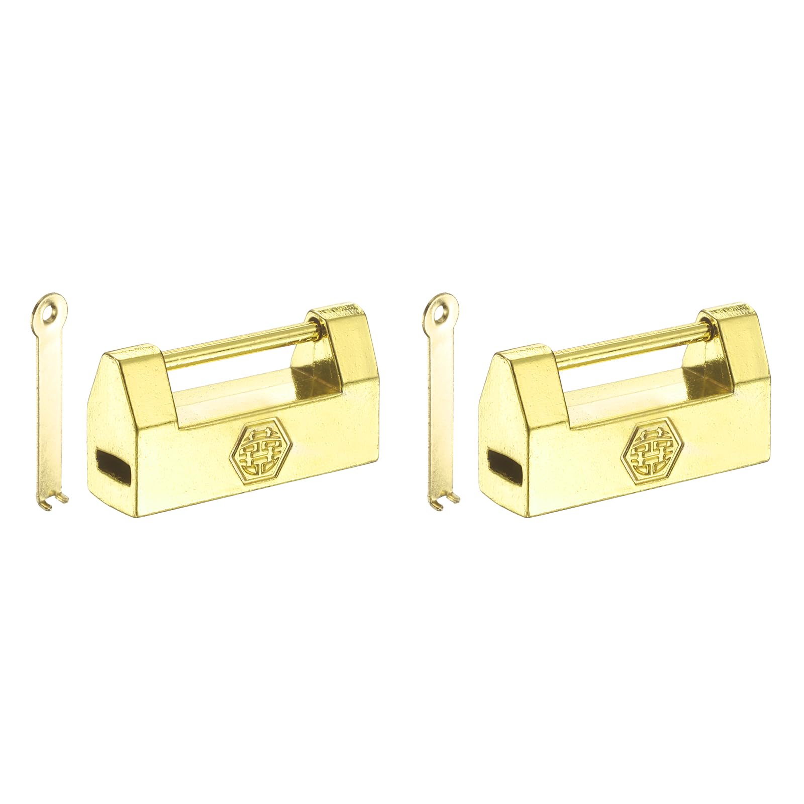 PATIKIL Vintage Decorative Horizontal Padlock, (1.22", Gold) (2Pcs), Retro Chinese Small Happiness Padlocks Carved Lock with Key, Suit for - Jewelry Box/Cabinet/Drawer/Chest Decoration