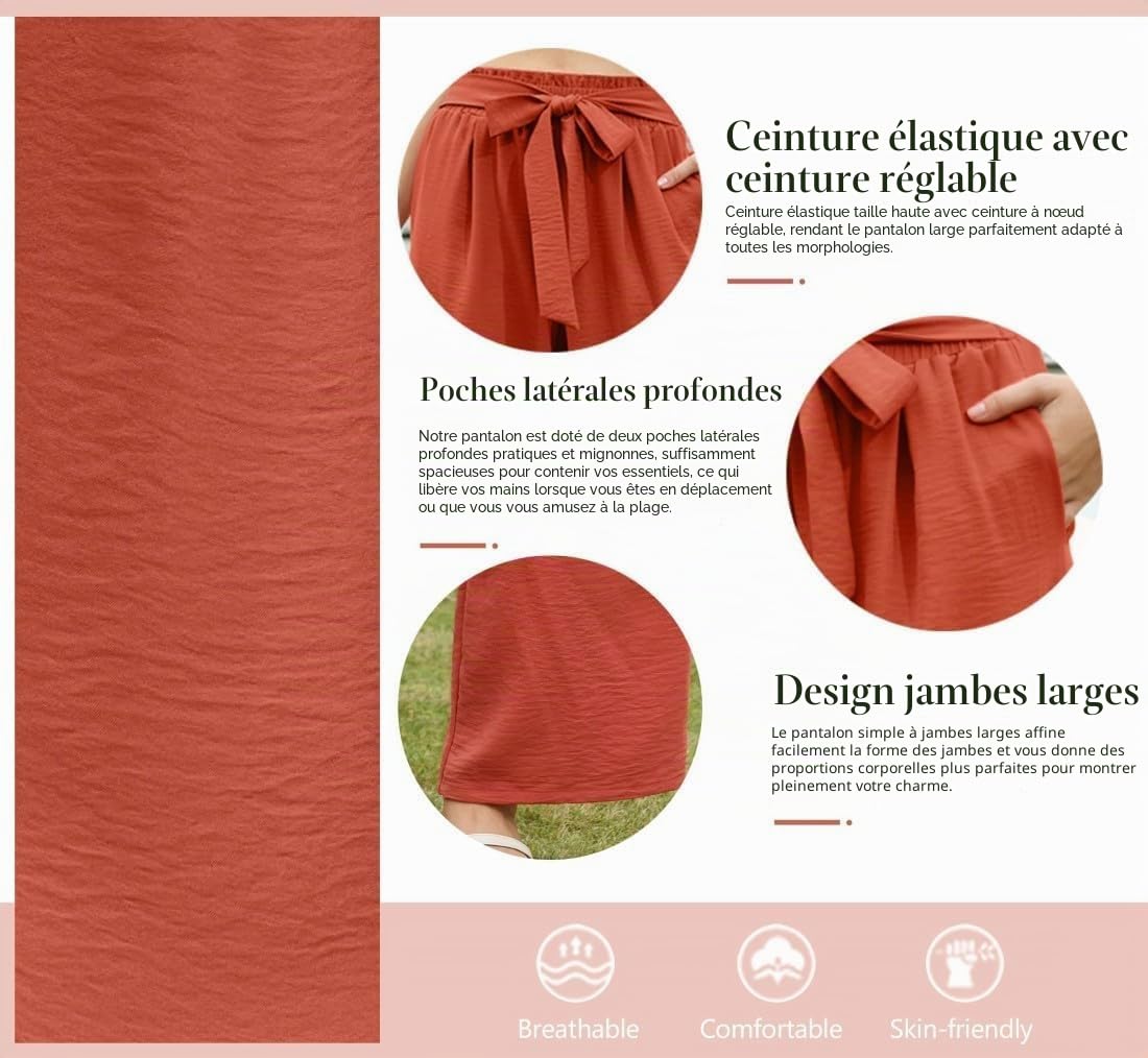 PrinStory Pantalon d'été léger à jambe large avec poches et taille élastique pour femme