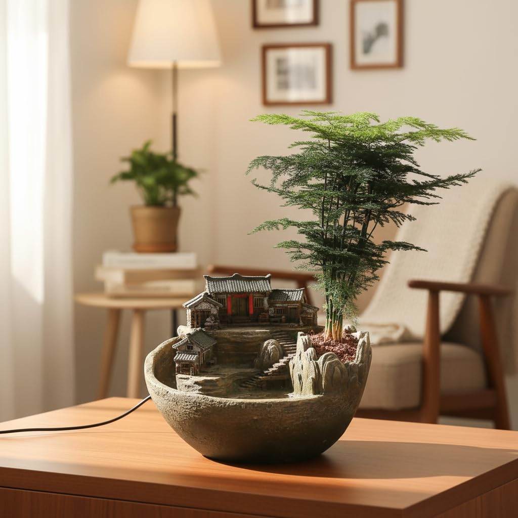 Miniature Asian Temple Water Fountain with Tree, Resin Bowl Planter, 23x19x18 cm, Electric Water Pump-image-25