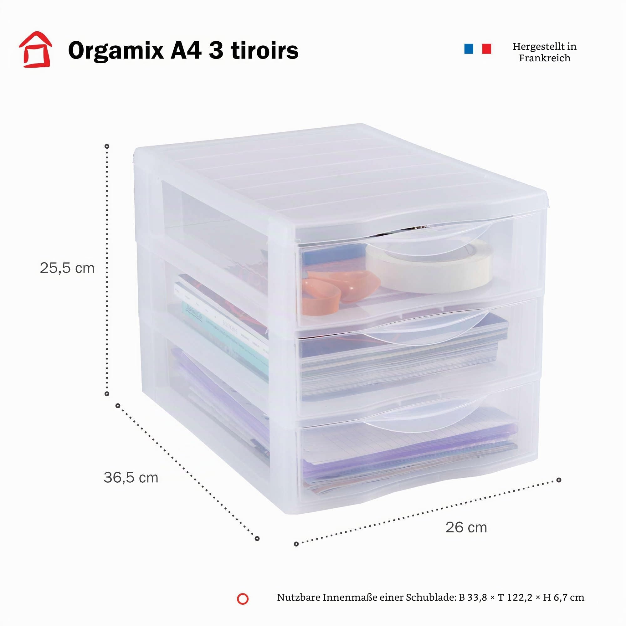 SUNDIS Orgamix, schubladenboxen aus Kunststoff, 3 Schubladen für A4-Papier | 2er-set, Transparent, Höhe 25,5 cm, stapelbar, ideal für Schreibtisch, Unterricht, Dokumente, Zubehör