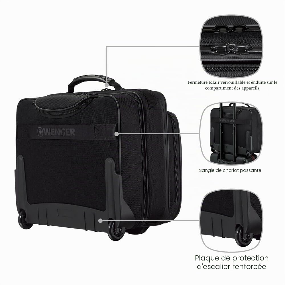 WENGER Legacy Black Series Mallette, Sac avec roulettes pour Portable, Trolley, Notebook Jusqu’à 15,6’’, 29 l, Bureau Affaires Fac École, Noire, 653631