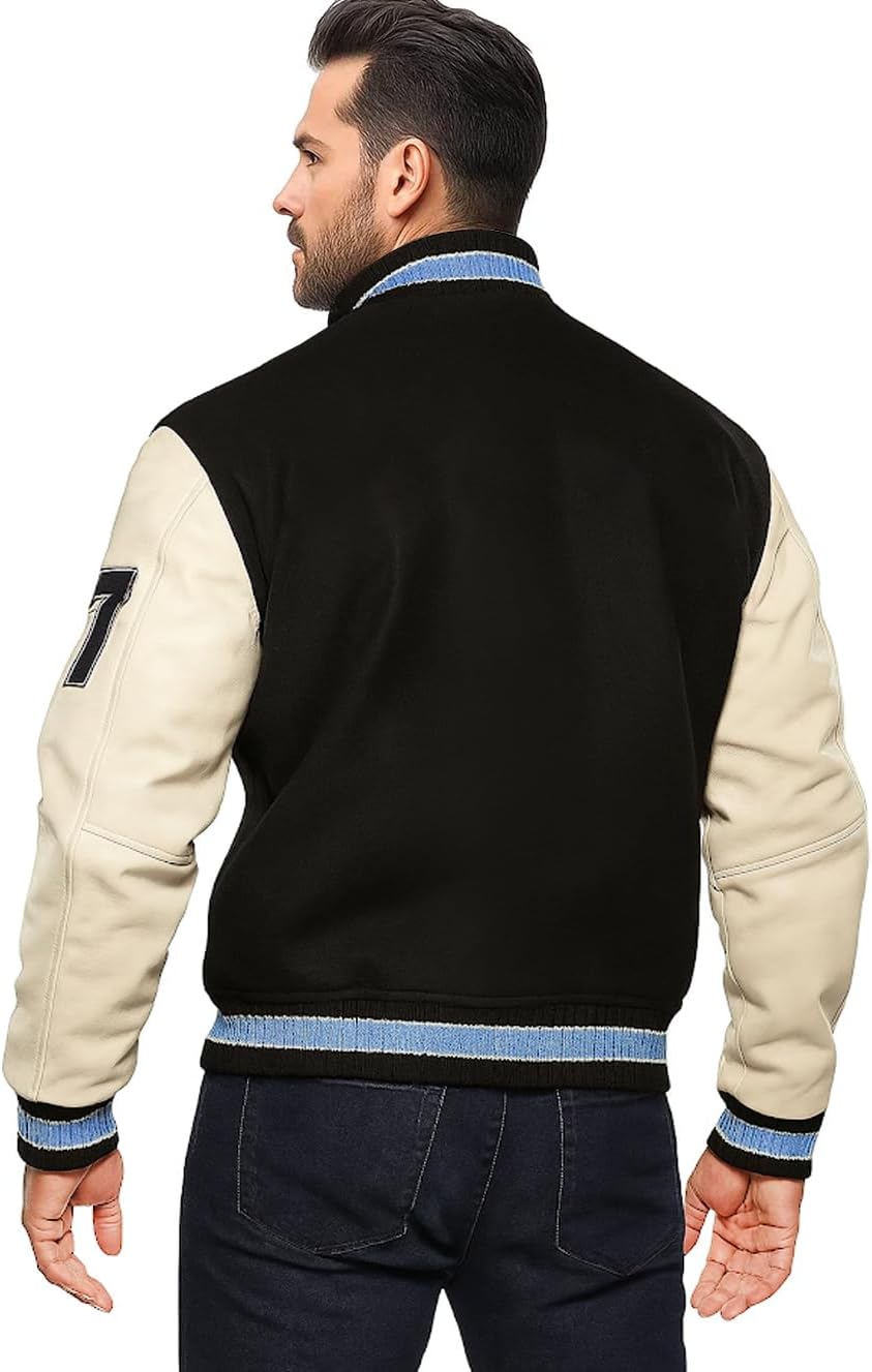 LP-FACON Mens Varsity Letterman Wool + Faux Leather Bomber Baseball Jacket Black & White