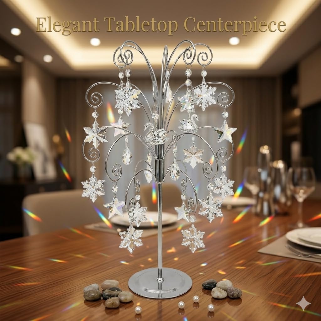 HOHIYA 50 cm Ornament Präsentationsständer Metall mit 15 Haken Silber | Eleganter Metallständer für Kristall-, Glas- und Weihnachtsornamente mit stabiler Basis für stilvolle Dekoration.