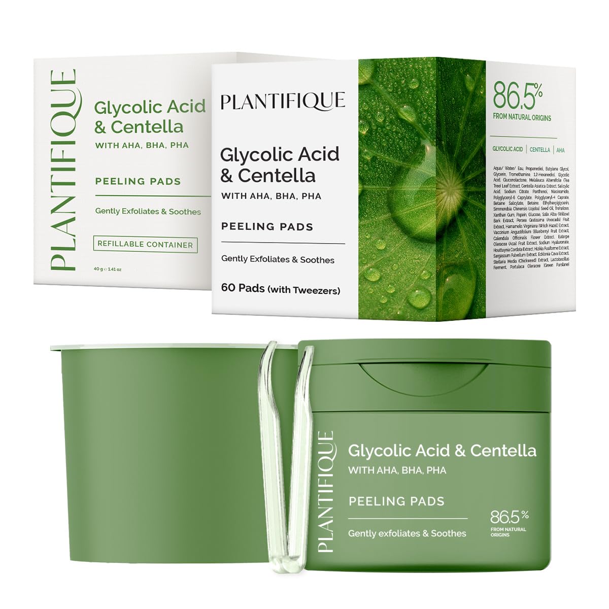 PLANTIFIQUE Korean Peeling Pads 120 Stück, mit Glycolsäure, CICA, AHA, BHA, PHA für Gesichtspeeling und zur sanfte Hauterneuerung - Toner Pads - Nachfüllbarer Behälter und Nachfüllpackung