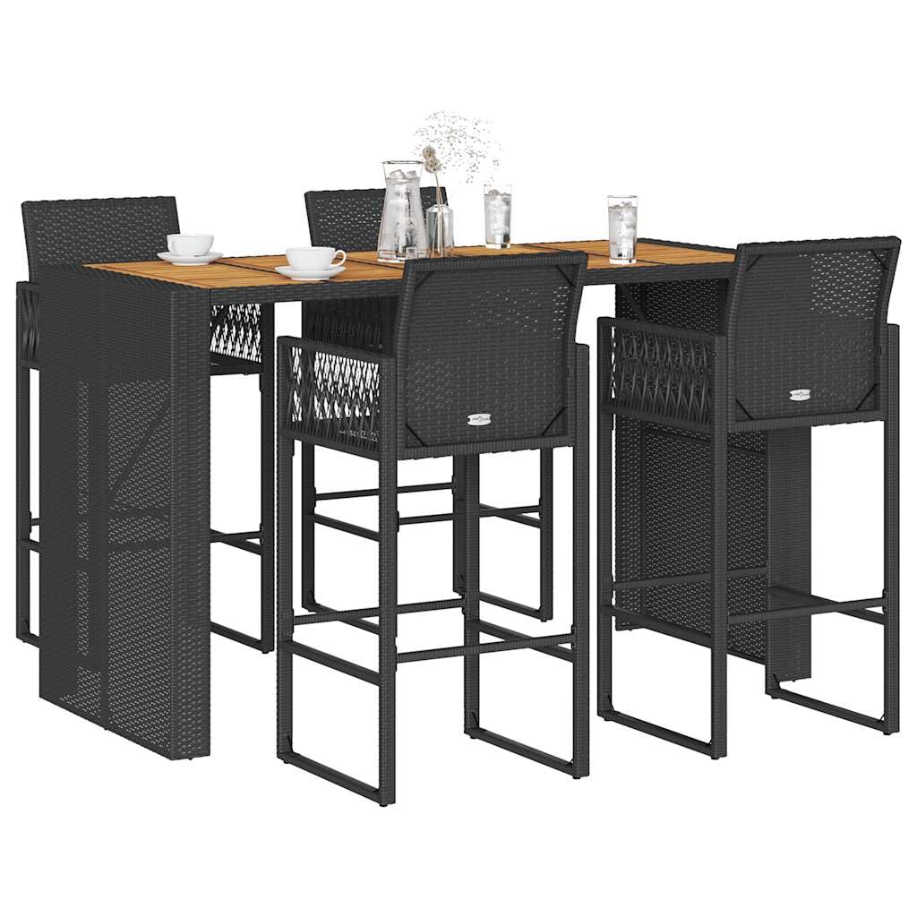 Homgoday Set Bar jardín sin Cojines 5 pzas ratán sintético Acacia Negro Barra Jardin Barra Bar Exterior mesas Altas y taburetes Dimensiones 185 cm