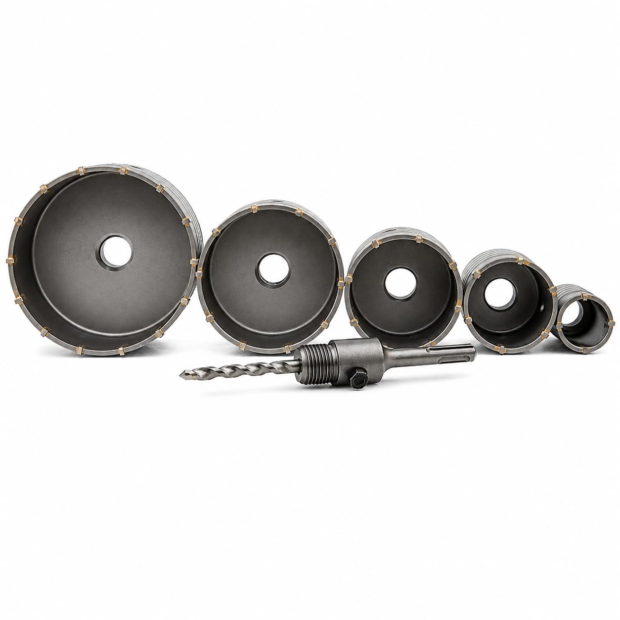 Zestaw Otwornic do Betonu i Muru 7 el 40 65 80 100 125 mm, Koronki Widiowe SDS Plus z Adapterem i Wiertłem Prowadzącym do Puszek Elektrycznych, Cegły, Kamienia, Betonu Komórkowego