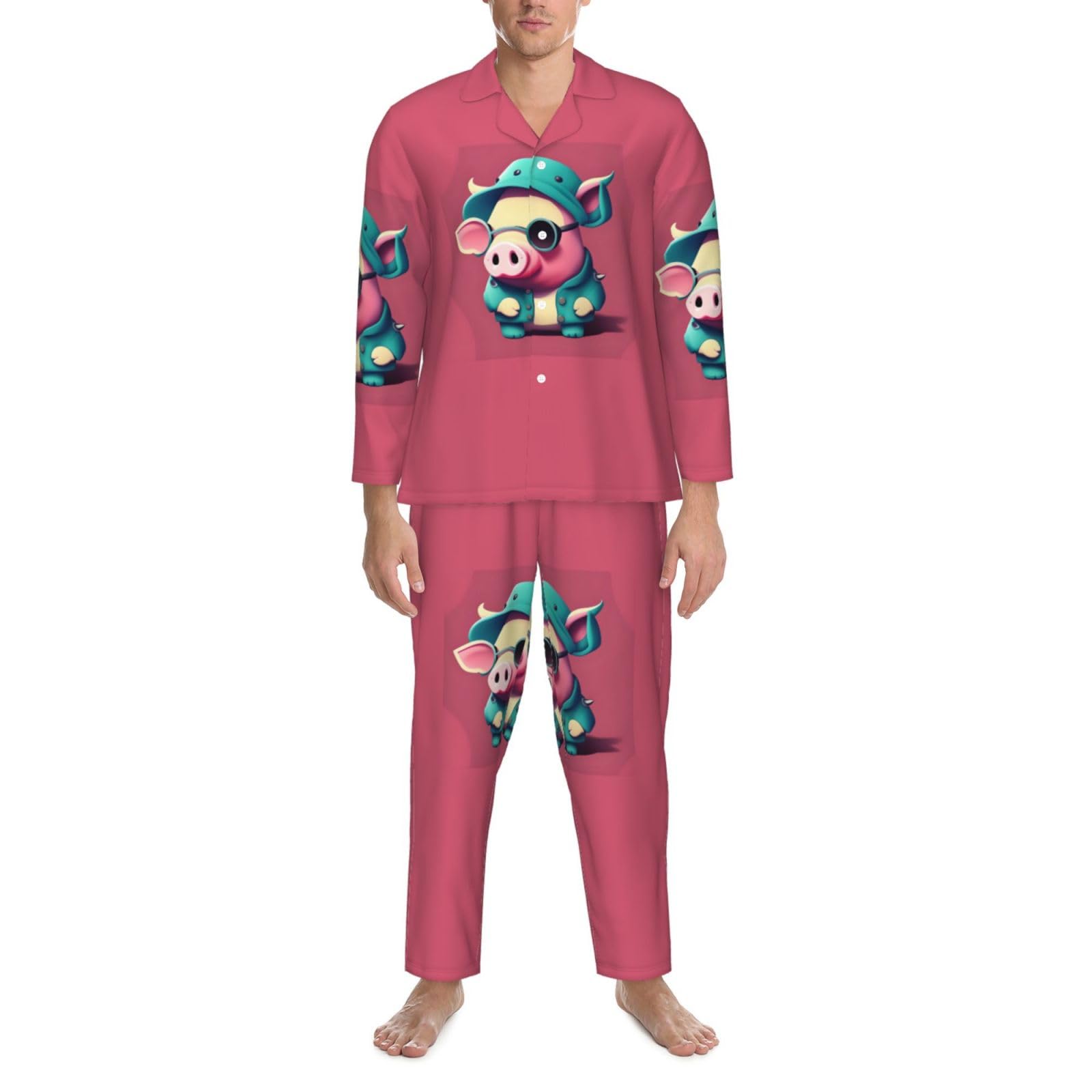 Lindo conjunto de pijama de manga larga para hombre, con estampado de cerdo, traje de dos piezas, transpirable, acogedor, ropa de descanso para el fin de semana