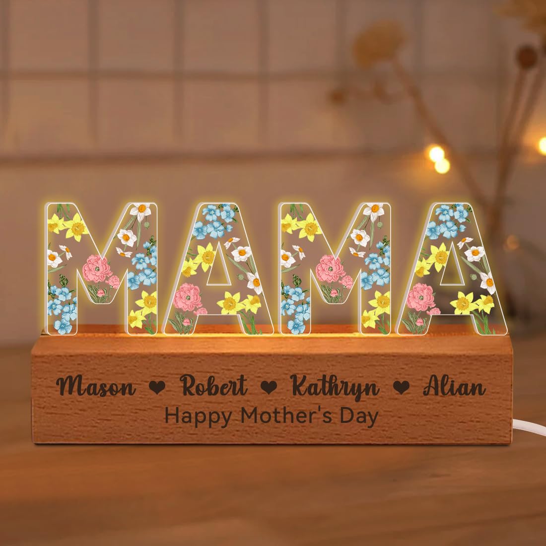 Personalized Birth Flower Mama Lamp, Custom Letter Mama Birth Month Flower Acrylic LED Night Light with Kid's Names, Christmas Mothers Day Birthday Gifts For Mom Mama, Mothers Day Home Decorative