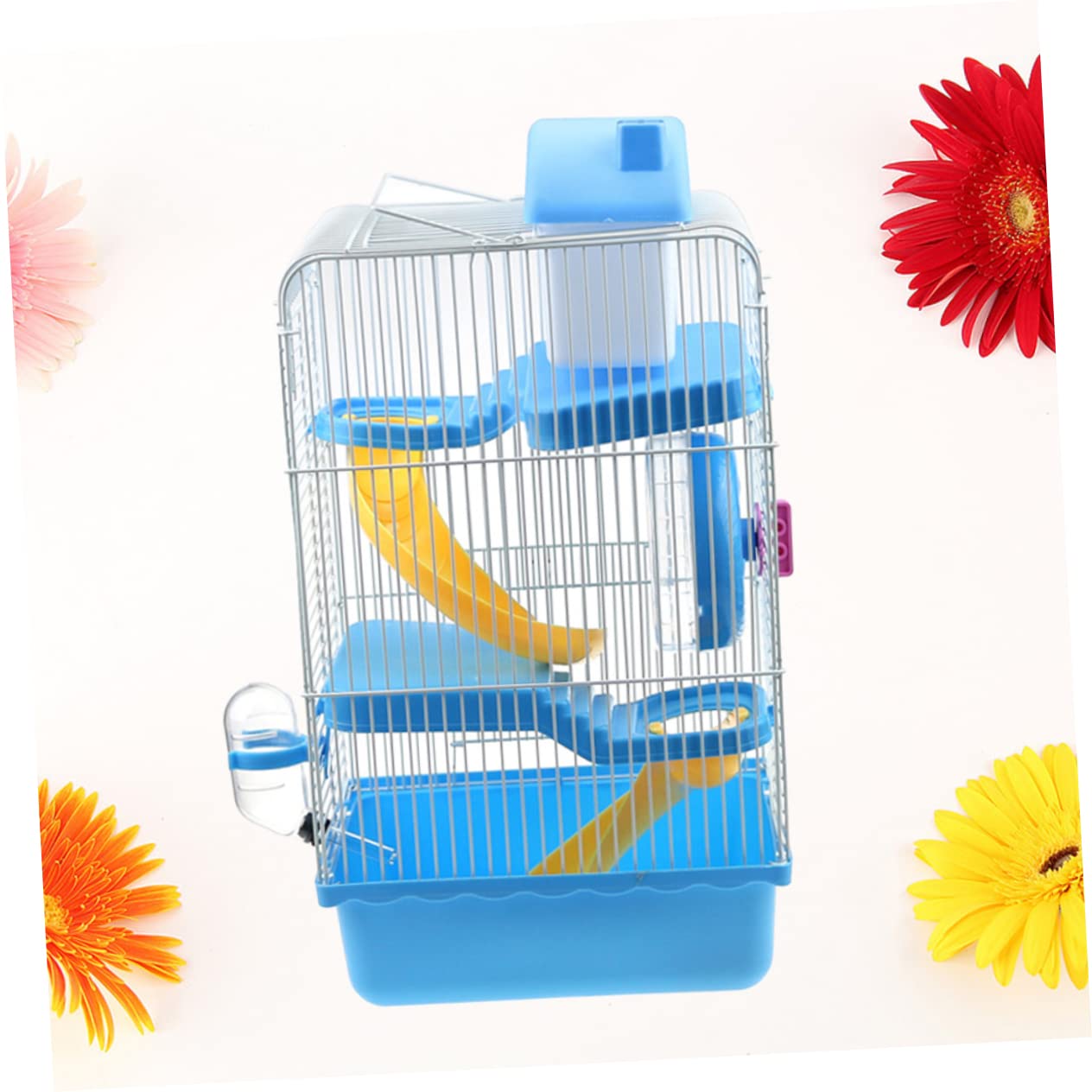 Dreistöckiger Hamsterkäfig Villa Käfig aus Pp und Eisen | 23 X 17x45cm, Blaues Haustierhaus mit Laufrad und Auslaufsicherer Trinkflasche