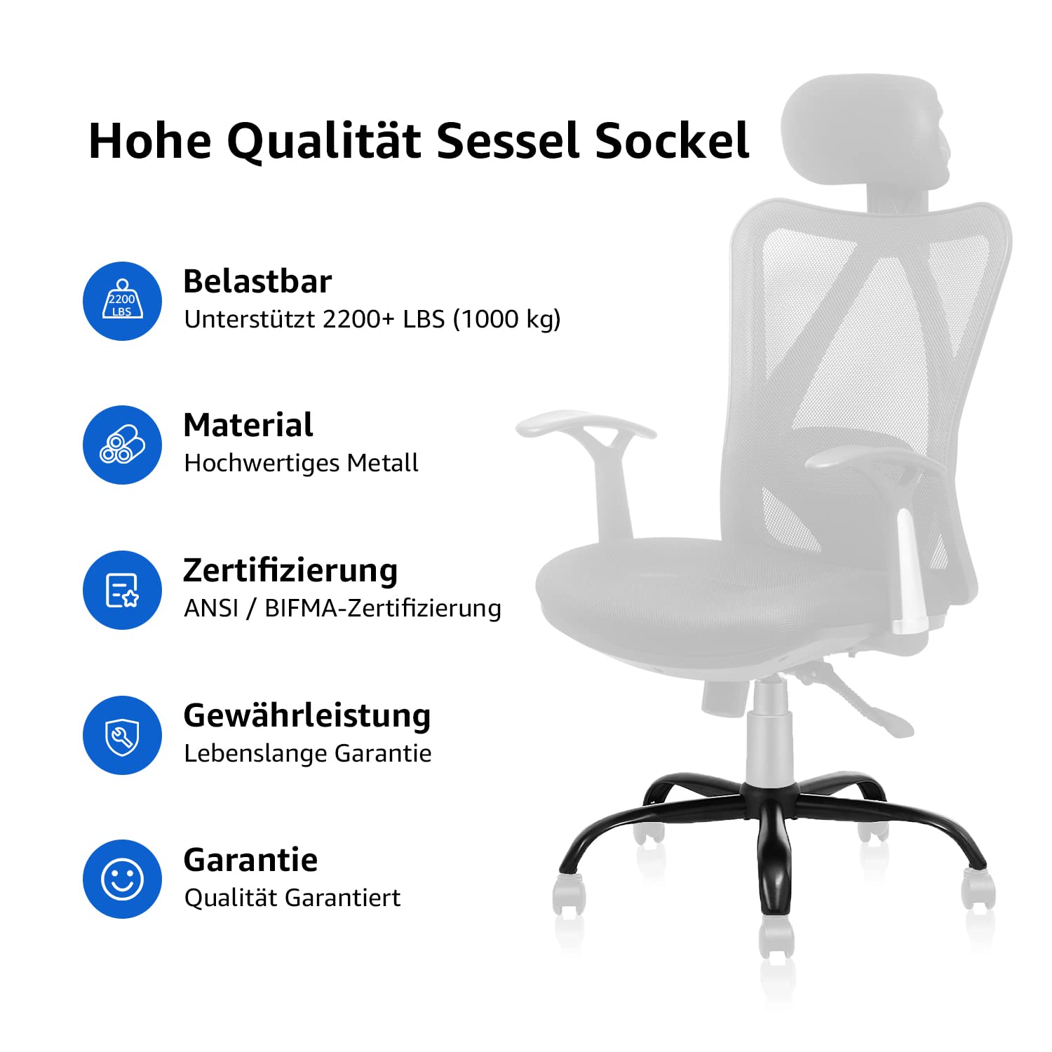 Mastery Mart 70cm Bürostuhl Fußkreuz, Belastbar bis 200kg, Universal 5-Sterne Metallrahmen Basis, Geeignet für 11mm x 22mm Rollen und 50mm Gasfeder, Strapazierfähig, Schwarz