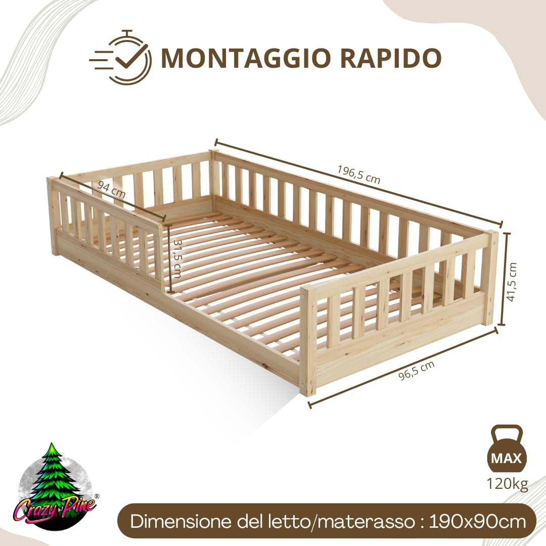 Letto per Bambini 190x90 cm – Letto Montessori a Pavimento in Legno Massiccio con Barriera – Sicuro per Bambini Piccoli – Design Scandinavo - Crazy Basic