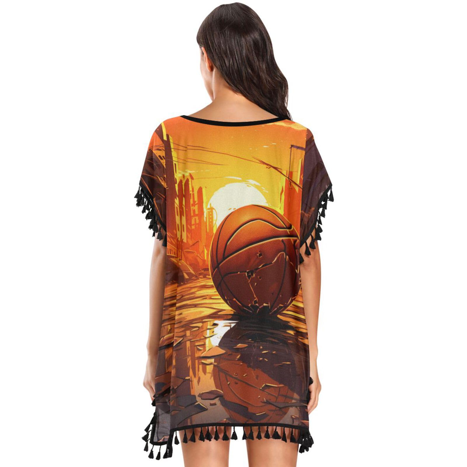 Basketball Sunset Abstract Art Women's Beach Cover Up Chiffon Tassel Swimwear Swimsuit Coverups for Girl