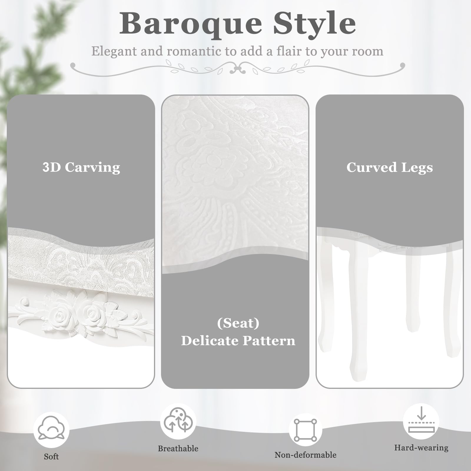 WOLTU Tabouret de Coiffeuse Style Baroque, Tabouret de Maquillage Rembourré, Blanc Crème, 37x30x50cm, MB6015cm