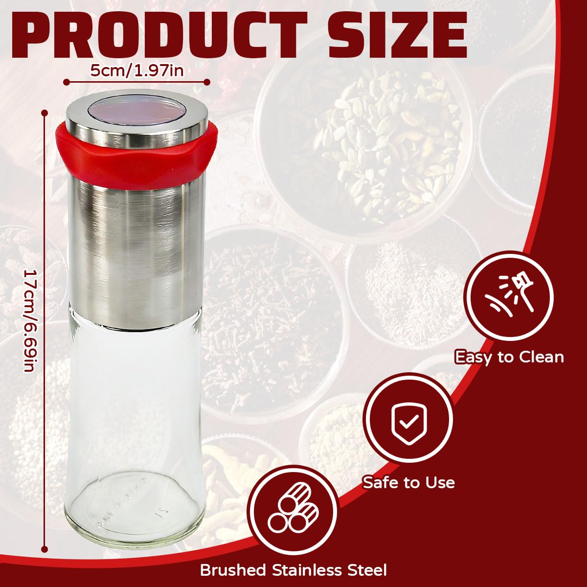 Molinillo de Guindillas con Cuchillas Acero Inox Molino Chiles Secos Regulable Triturador Especias Manual Depósito Vidrio Cortador Chiles No Se Atasca Antihumedad Anillo Silicona Roja Pimentero Mesa