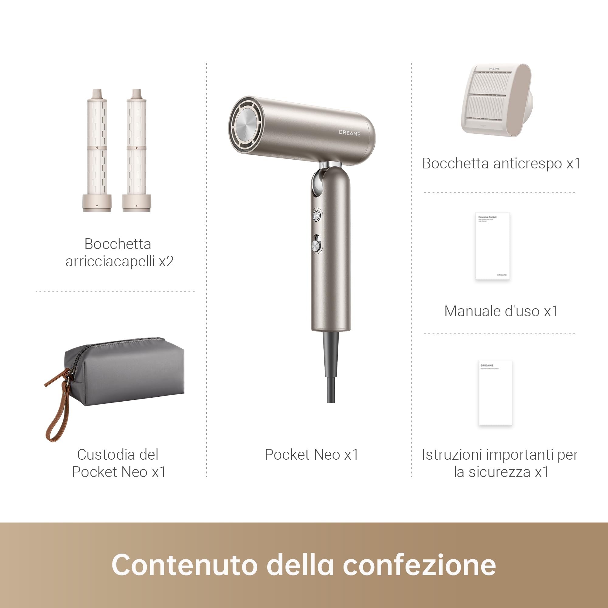DREAME Pocket Neo Asciugacapelli Tascabile ad Alta Velocità, Pieghevole in 3 Forme, con Soli 300 g di Peso, Motore da 110,000 giri/minuto, 300 Milioni di ioni negativi/cm³, Oro