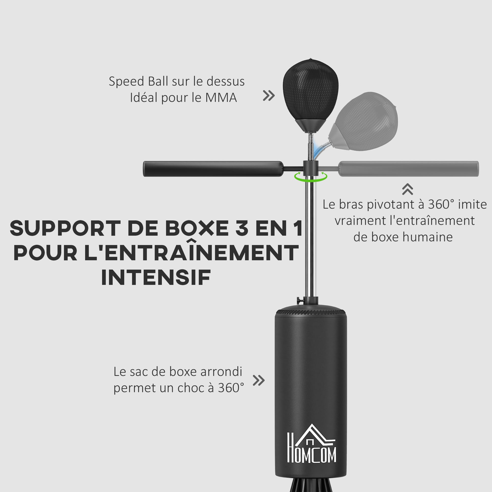 HOMCOM Sac de Frappe sur Pieds Punching Ball brunier 3 en 1 avec Ballon de Vitesse Bras Flexible Rotatif Hauteur réglable revêtement synthétique Base HDPE dim. 88L x 48l x 155-205H cm
