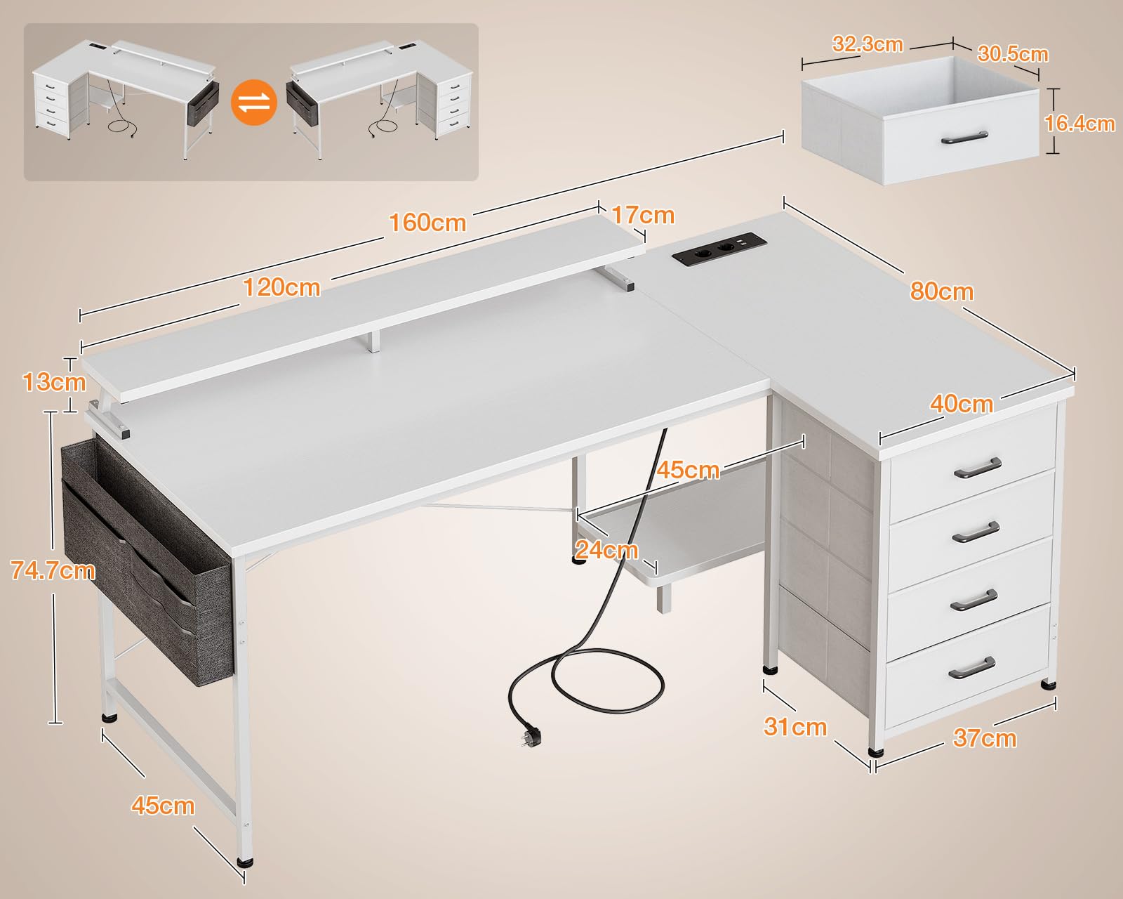 ODK Eckschreibtisch mit 4 Schubladen und Steckdose, 160×80 cm, Weiß | L-Förmiger Ecktisch mit Monitorständer, Schreibtisch, Reversibel, für Arbeitszimmer & Familienecke
