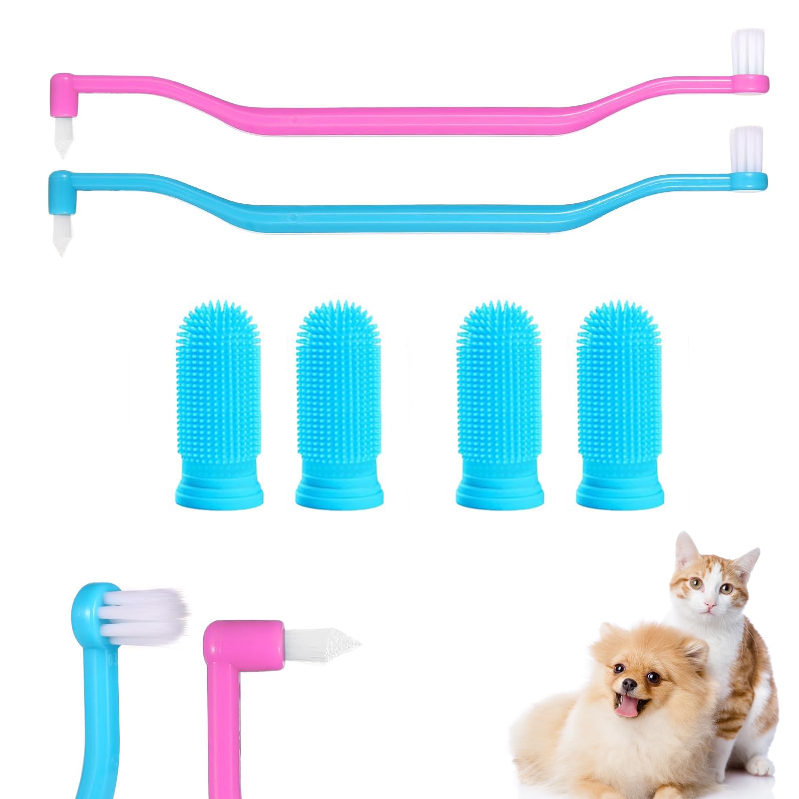 2Pcs Small Dog Toothbrush and 4Pcs Cat Finger Toothbrush, Reusable Flexible Cat Tooth Brush (Blue, Pink), 1 count (Pack of 6)