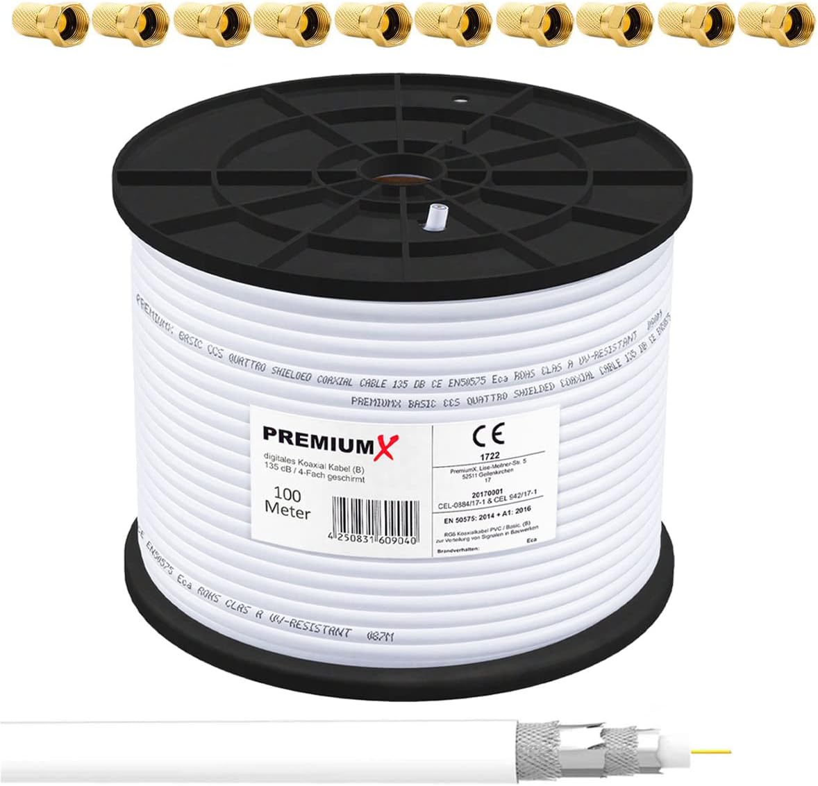 PremiumXCoaxial Antenna Cable 100 m 130 dB + 10 x F-Connectors Free