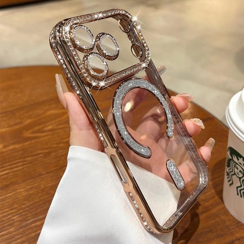 Image of for iPhone 17 Pro Max Magnetic Glitter Case,Luxury Bling Rhinestone Diamond Plated Bumper Case Sparkle Camera Lens Protection Clear Cover for iPhone 17 Pro Max (Gold)