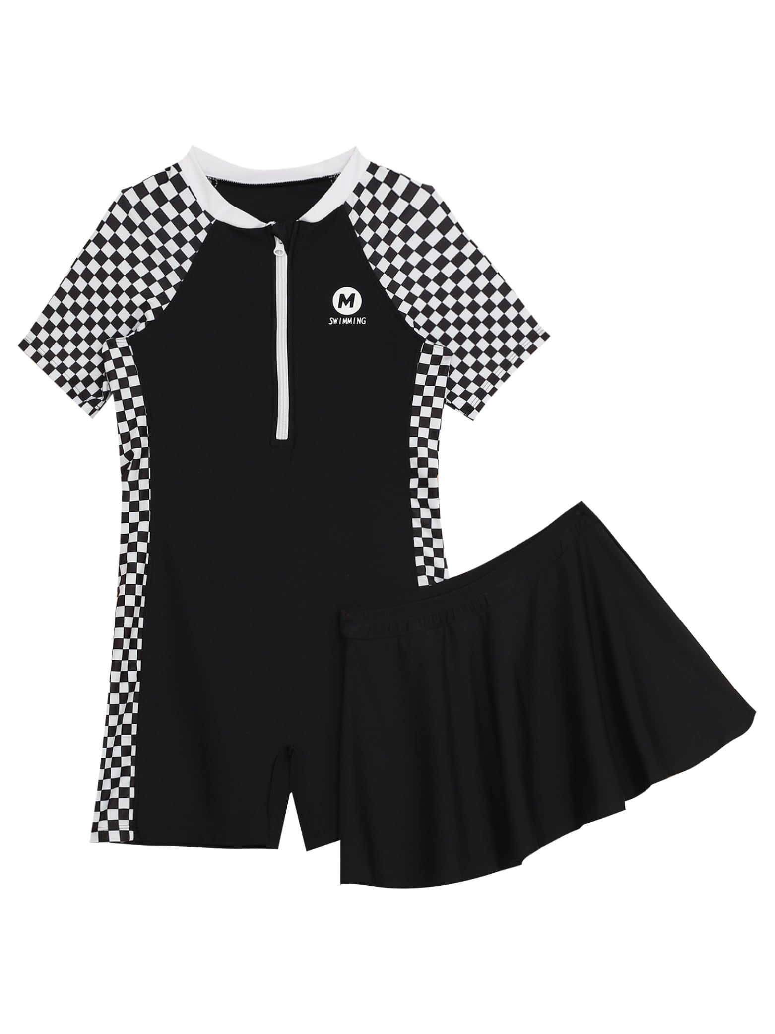 Linjinx Enfant Fille Maillot de Bain Jupette 2 Pieces Robe de Bain Plage Anti UV UPF 50+ Manches Courtes Combinaison de Natation Zippée Combi-Short de Piscine 8-15 Ans