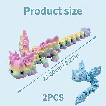 2 PCS 3D Printed Axolotl, 3D Printed Animals, Desk Decoration for Work and Study Spaces, Collectible Display for Animal Enthusiasts,3D Printed Animals Set with Pink Blue and Random Rainbow Colours