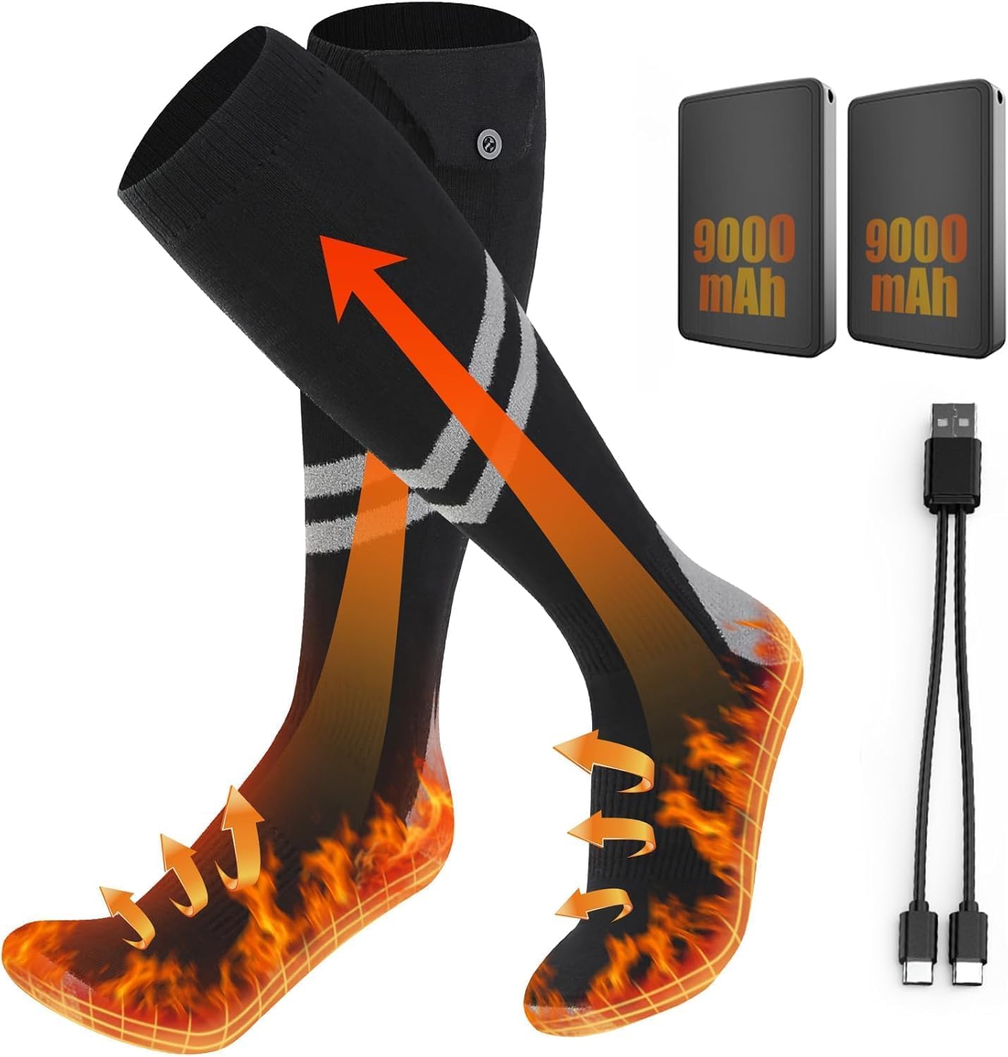 Chaussettes Chauffantes, Chaussette Chauffante Femme et Hommes avec Batterie 2 × 9000 mAh/5 V Autonomie Max 18 H,Chaussettes Chauffantes Électriques en Laine 3 Réglages Température 45℃/58℃/70℃