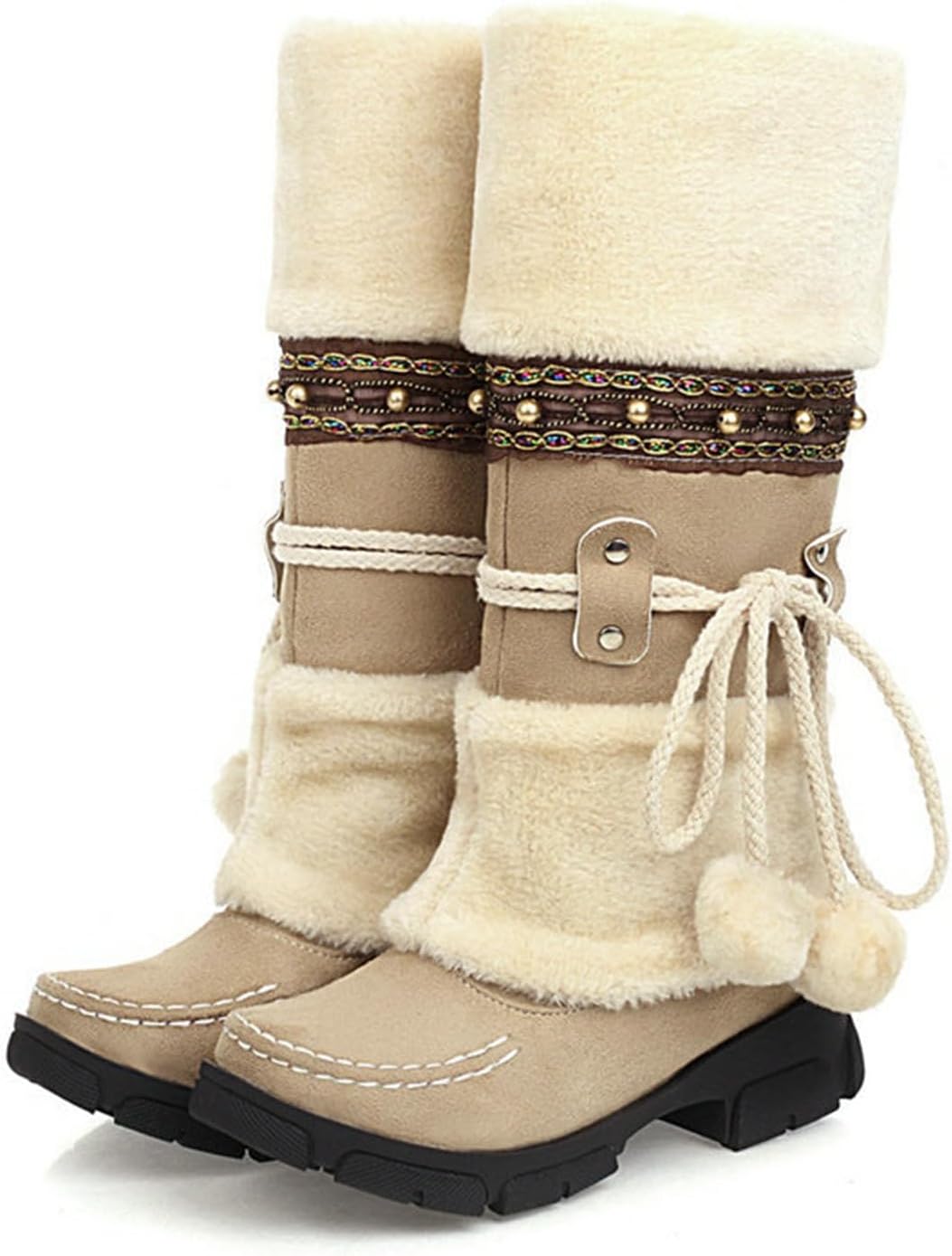 Mid Calf Boots for Women Winter Warm Comfy Side Zipper Suede Snow Boots Fashion Round Toe Low Heel Knee High Fur Boots