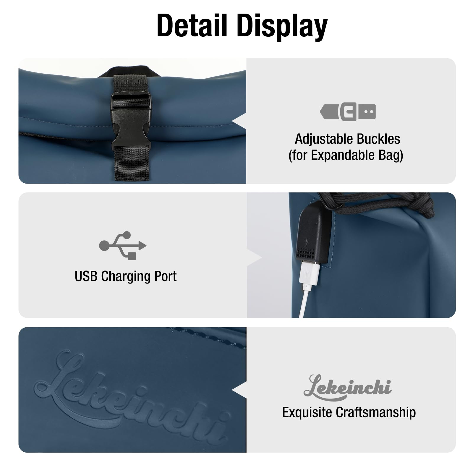 Lekeinchi Zaino Rolltop Uomo Donna Porta PC 17 Pollici | Zaino Impermeabile Uomo Donna - Rains Zaino con Strisce Riflettenti - Zaino da Viaggio Espandibile - Casual Lavoro Università - Blu XL