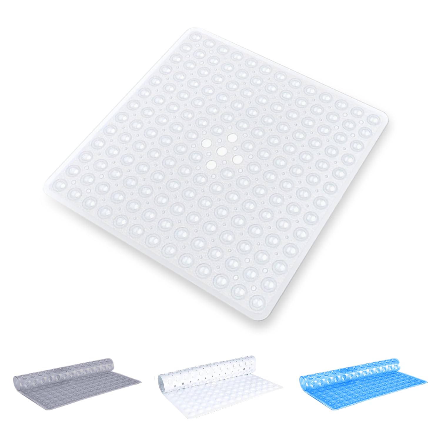 Oxford Homeware Shower Bath Mat Non Slip Anti Mould - Clear 53x5cm Square Shower Mat for Bathtub and Bathroom with Drain Holes and Strong Suction Cups Machine Washable Bath Mats