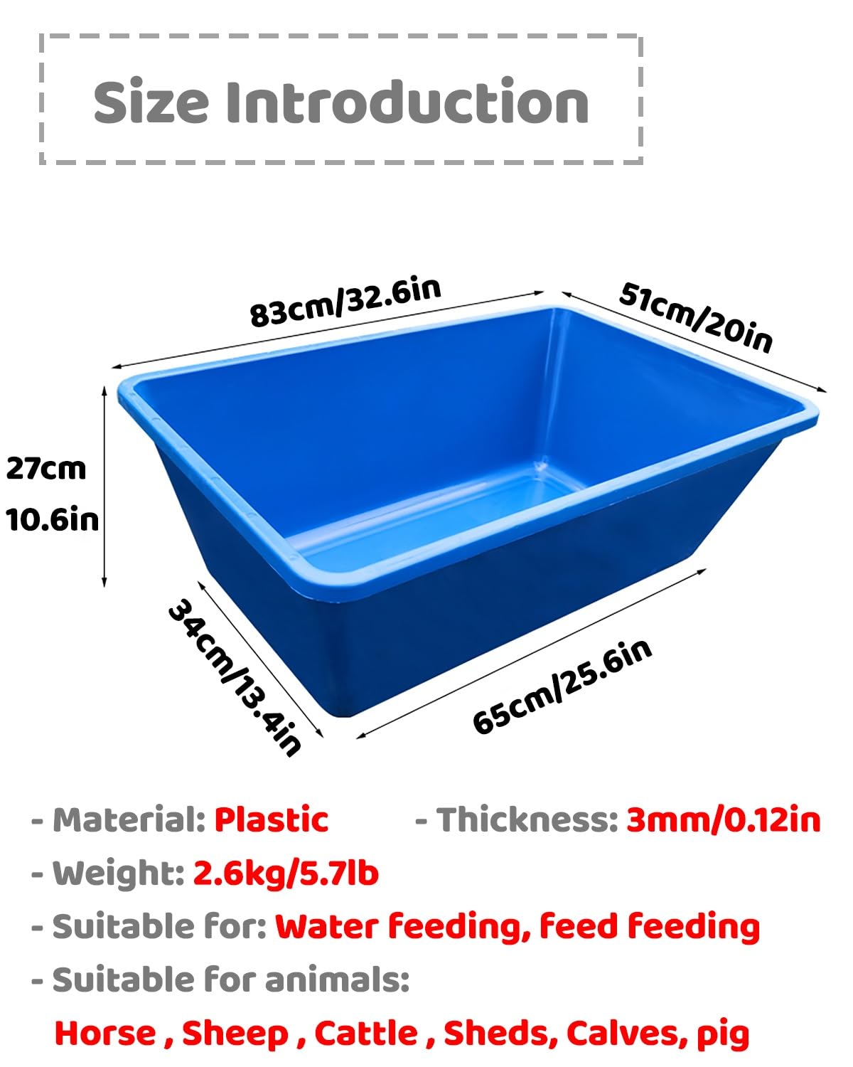 Comedero para Cerdos Comedero para Ganado Vacuno y Caprino para Exterior. Comedero de 83 Cm de Largo para Pollos, Aves, Cerdos, Caballos y Alpacas. Cuenco para Animales de 3 Mm de Grosor.(Blue,2pcs)