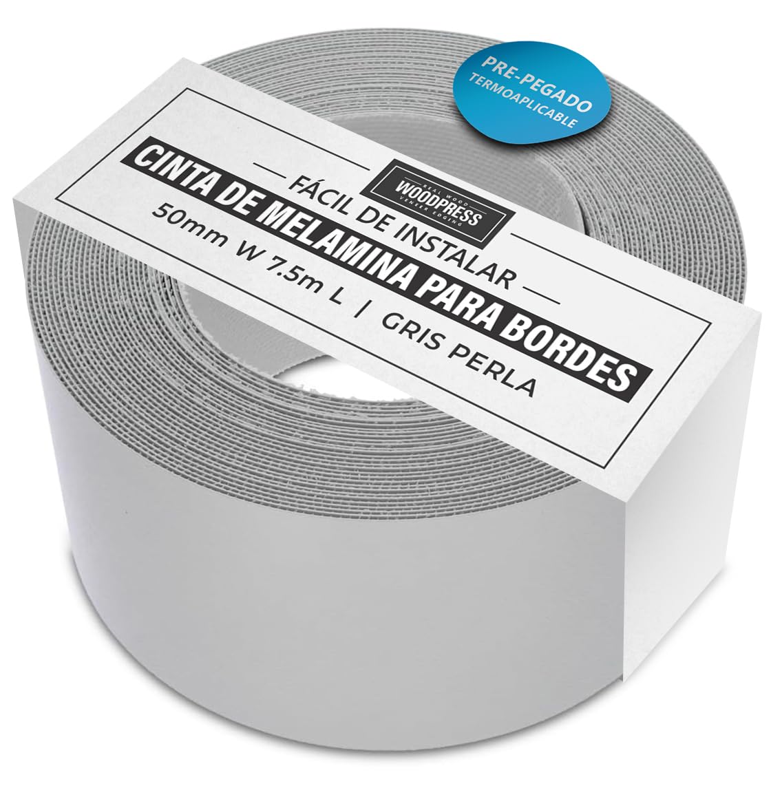 Cinta de chapa prepegada para planchar en cantos de mdf de 50 mm color gris perlado 7,5 metros