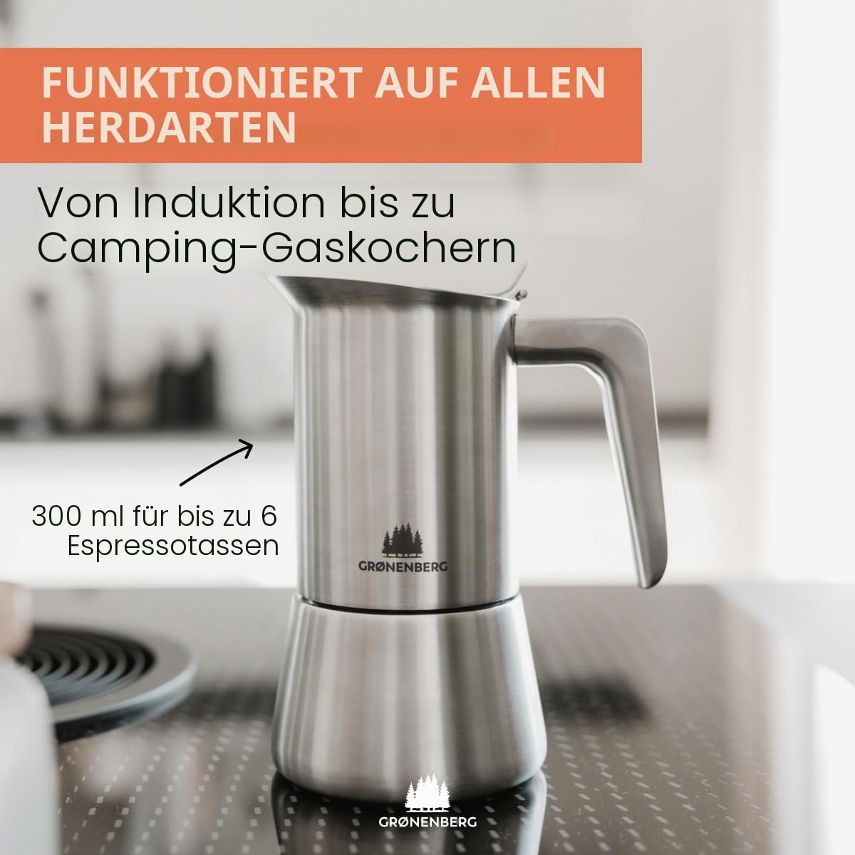 Groenenberg Spar Set 4 | Espressokocher Edelstahl 6 Tassen + Kaffeemühle manuell | Induktion Espressokanne (300ml) + Handkaffeemühle