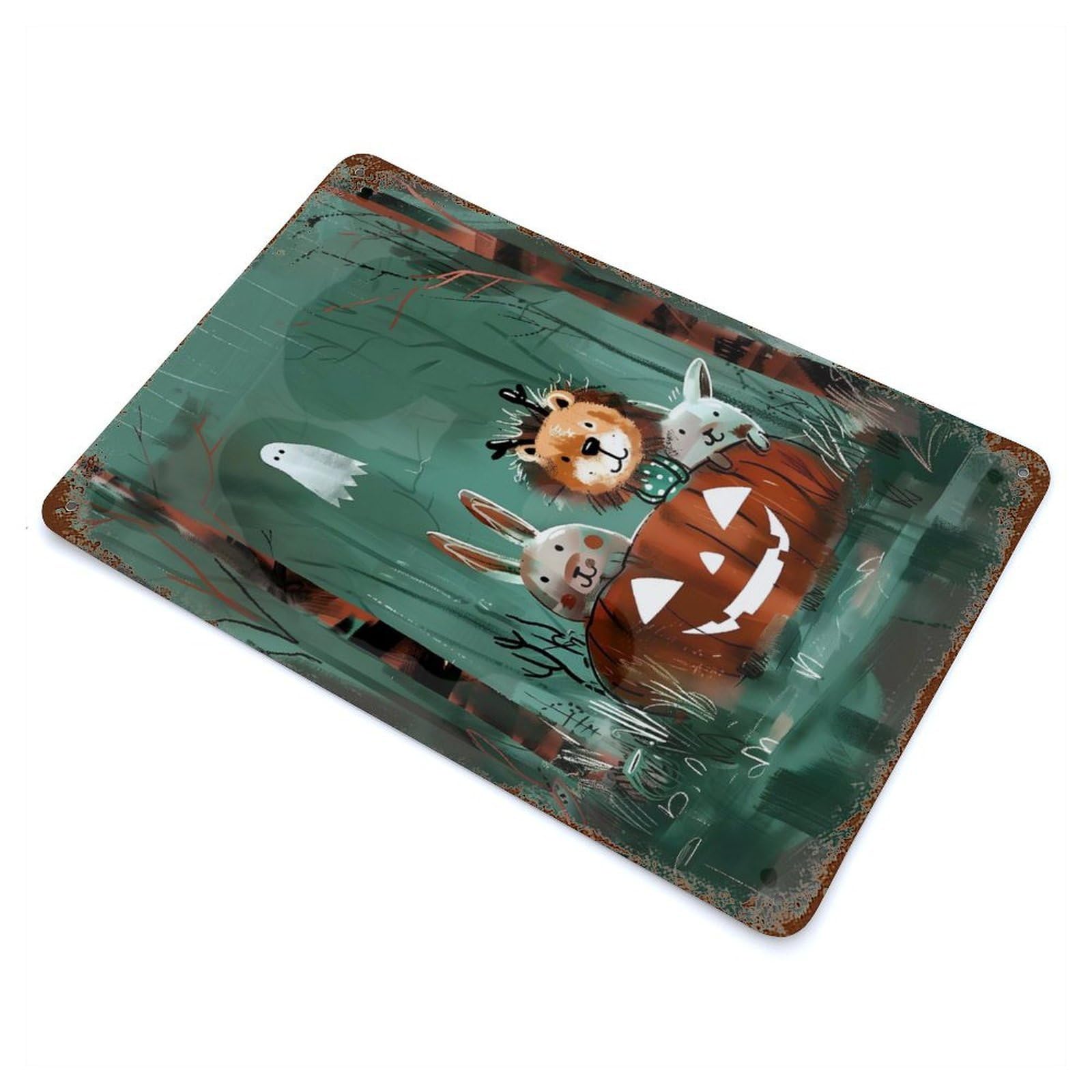 Rusty Metal Tin Sign Pumpkin Parade – Whimsical Halloween Critters 11.8"x7.9", Industrial Home Decor for Patio, Garden Room And Bar Decor