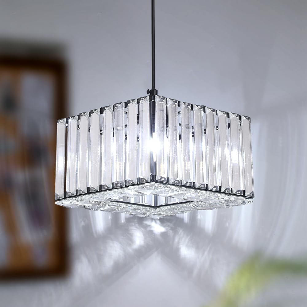 Crystal Pendant Light Modern Chandelier Pendant Lights Dinning Room, Semi Flush Mount Crystal Lighting Fixture E27 Base, Hallway Hanging Light for Kitchen Restaurant over Table, Square 20cm, Black